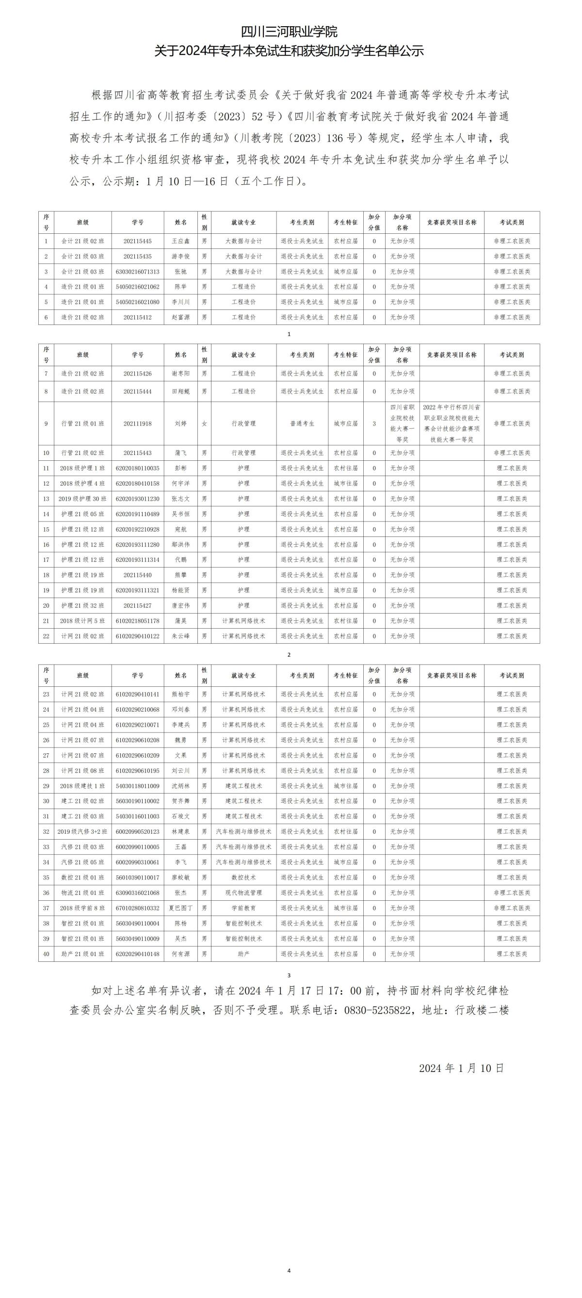 四川三河职业学院关于2024年专升本免试生和获奖加分名单公示_01(1)